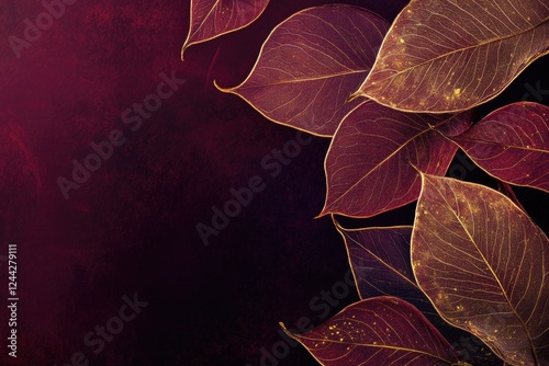 Close-up delicate leaves with gold veins, arranged on deep burgundy textured background, template with copy space. Luxurious design with sparkling golden accents. For greeting card, event invitation