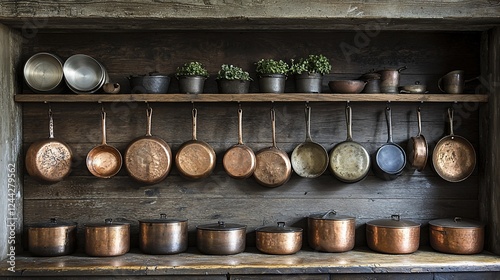 Antique copper cookware on rustic shelving, herbs, historical kitchen setting, food blog