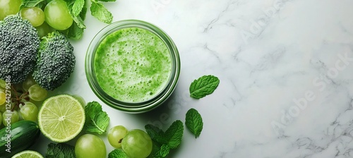 Fresh green smoothie with fruits and vegetables on marble counter in bright k...