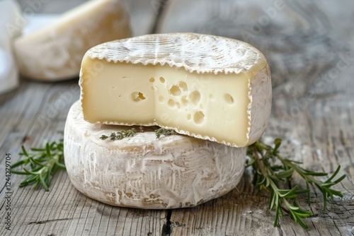 Creamy saint marcellin cheese resting on a wooden table, accompanied by fresh herbs, showcasing its smooth texture and inviting aroma photo