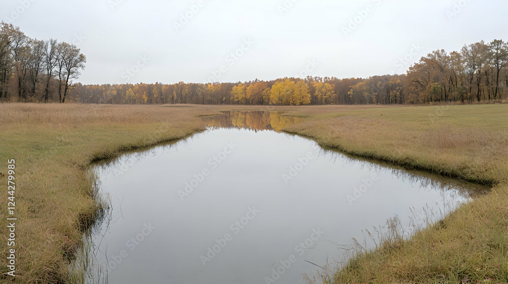 Autumnal creek reflecting forest, calm landscape Autumnal creek reflecting forest, calm landscape