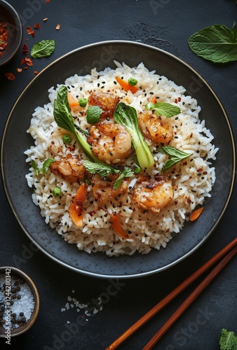 Delicious shrimp stir fry served over fluffy rice with fresh herbs and spices...
