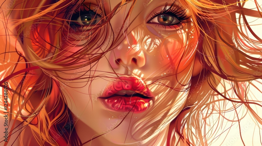 Fototapeta premium Portrait of a beautiful woman captured in a light and airy drawing style.