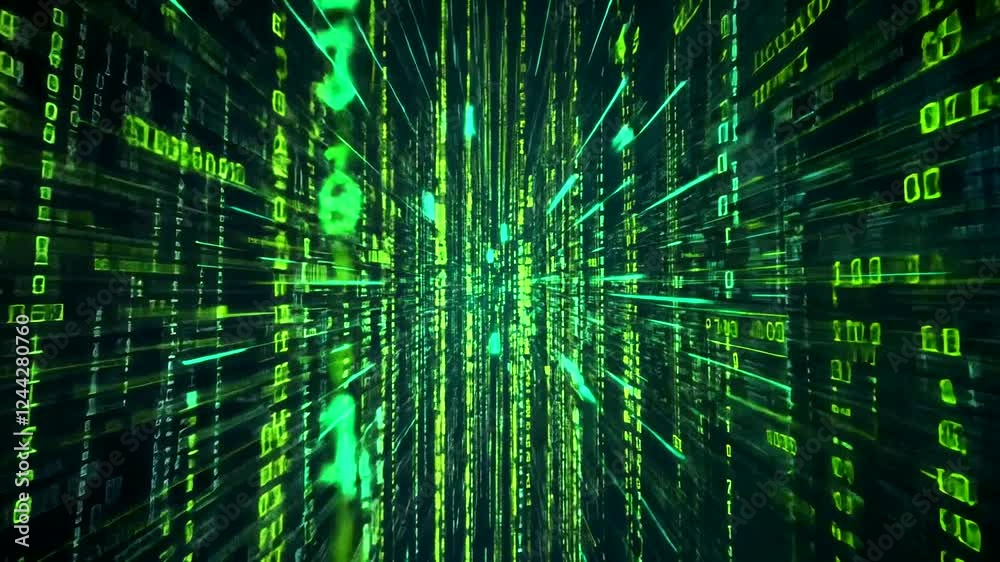 Green digital code tunnel, data stream, future tech background