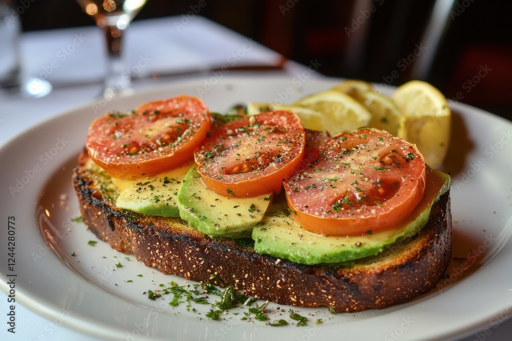 Sliced avocado and tomato on toasted bread served with lemon wedges at a cozy dining setting Sliced avocado and tomato on toasted bread served with lemon wedges at a cozy dining setting