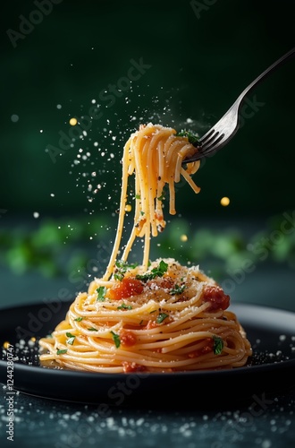 Delicious spaghetti topped with cheese and herbs on a dark plate at dinner time
