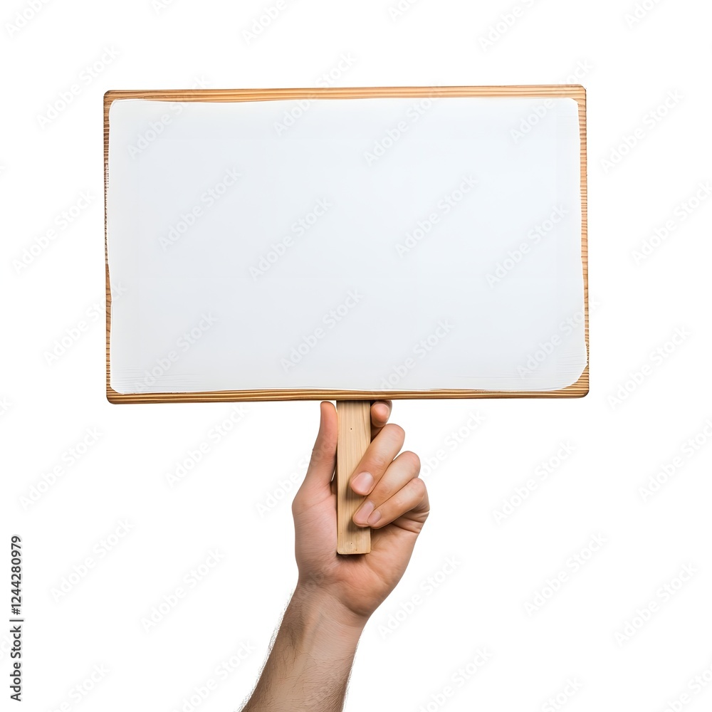 Obraz premium Hand Holding Blank Wooden Sign Against White Background