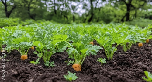 Freshly growing carrots cultivate in a lush garden during sunny spring afternoon