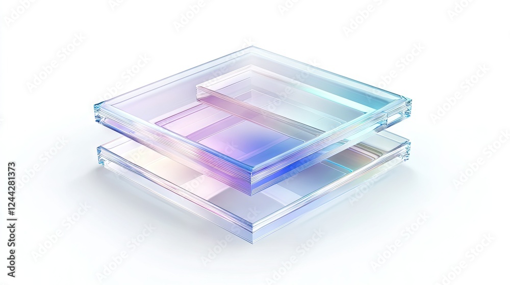 Stacked, iridescent glass squares with subtle rainbow hues, isolated on a white background with copy space. Stacked, iridescent glass squares with subtle rainbow hues, isolated on a white background with copy space.