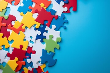 Colorful jigsaw puzzle pieces creating a border on a vibrant blue background, symbolizing problem solving, teamwork, and creative thinking