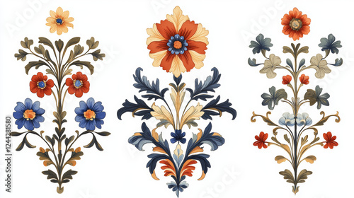 Floral and foliate damask design elements set isolated on white. Rasterized version also available in gallery