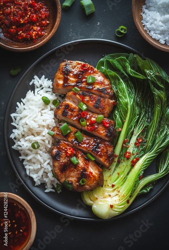 Grilled chicken with rice and bok choy on a black plate in a cozy kitchen set...