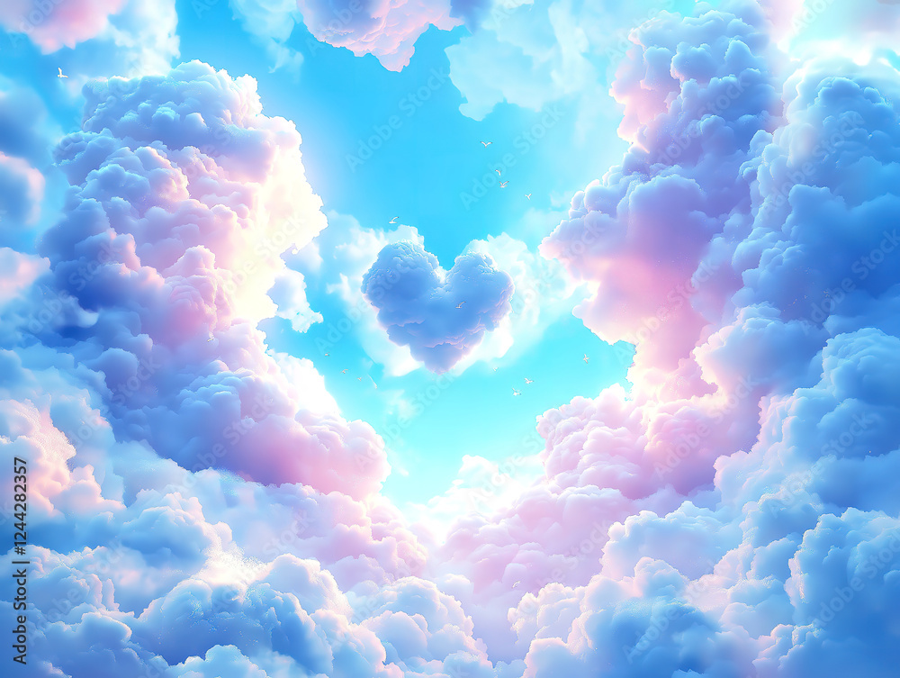 Heart-shaped cloud design floating in a bright blue sky