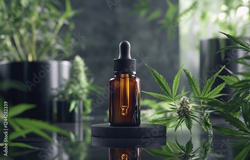 Amber glass dropper bottle on a black stone stand surrounded by cannabis plan...