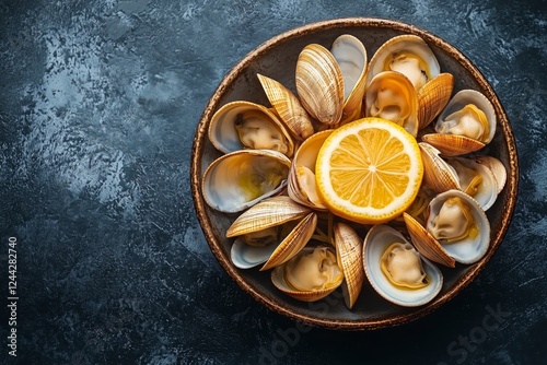 Freshly steamed clams served with lemon on a dark textured plate