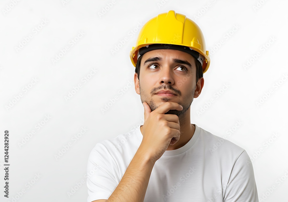 Thoughtful engineer in safety helmet contemplating, pensive architect seeking solutions, professional builder deep in project planning, construction manager expressing careful consideration isolated Thoughtful engineer in safety helmet contemplating, pensive architect seeking solutions, professional builder deep in project planning, construction manager expressing careful consideration isolated