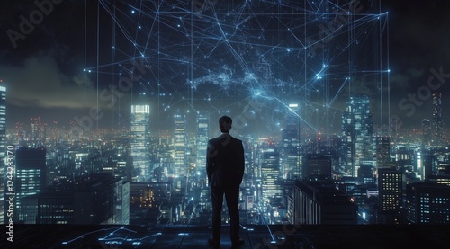 Business professional contemplating data visualization over a futuristic city...