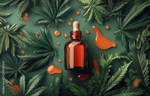 Dropper bottle of cannabis oil surrounded by green leaves and orange droplets...