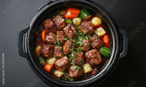 Hearty beef stew with vegetables simmering in a slow cooker