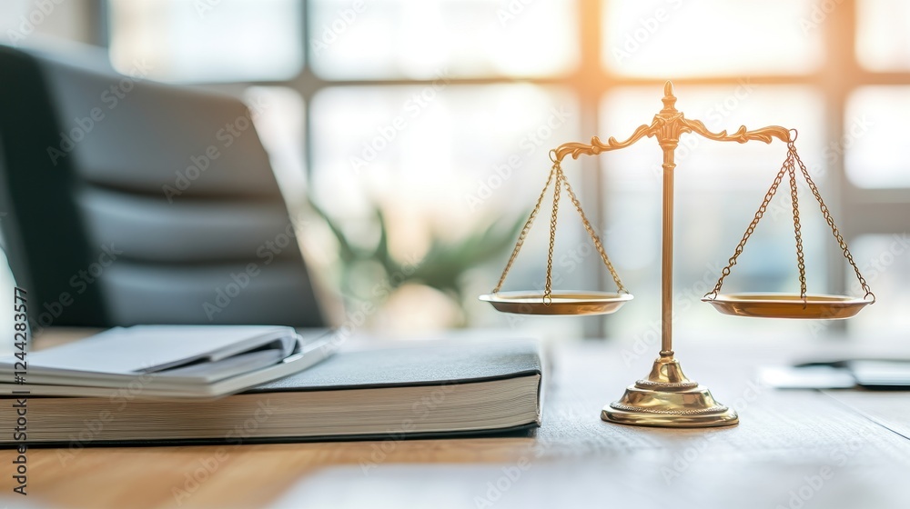 Golden Scales of Justice on Desk Golden Scales of Justice on Desk