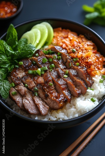 Savory grilled meat served over rice with fresh vegetables in a stylish bowl