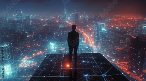 City skyline observation at night with glowing lights and high-tech atmosphere