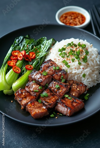 Delicious grilled pork with rice and vegetables on a black plate