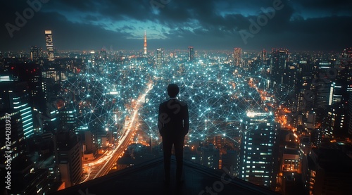 Exploring urban connectivity in Tokyo at night with a view of city lights and...