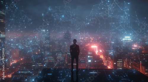 City skyline illuminated by blue digital networks at night with a silhouette ...