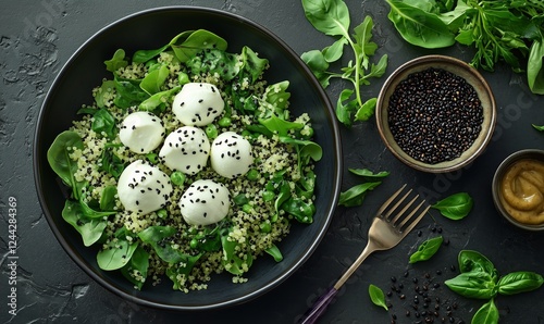 Healthy salad with spinach, quinoa, and sesame seeds served on a dark table