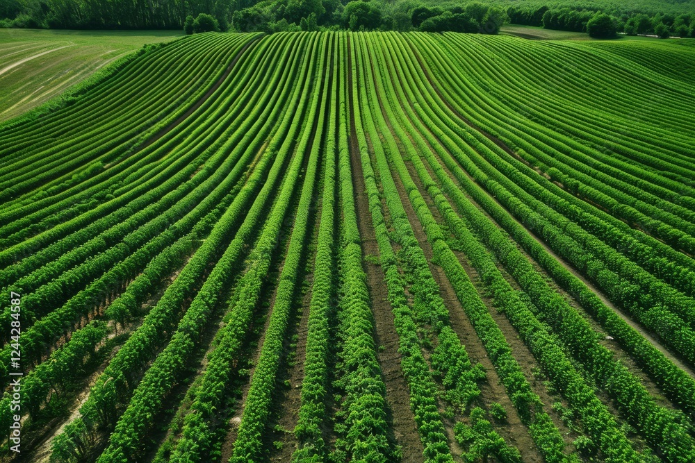 Aerial view of a cultivated field with crops growing in perfect rows, creating a mesmerizing green pattern across the landscape Aerial view of a cultivated field with crops growing in perfect rows, creating a mesmerizing green pattern across the landscape
