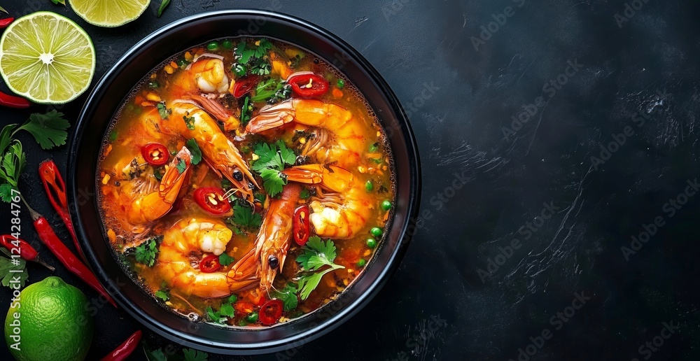Delicious shrimp soup served in a black bowl with colorful spices and fresh herbs on a dark surface Delicious shrimp soup served in a black bowl with colorful spices and fresh herbs on a dark surface