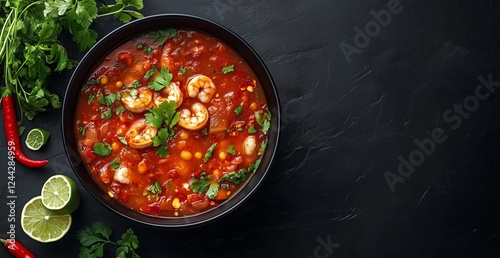 Spicy shrimp soup garnished with herbs and lime on a dark background