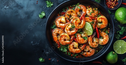 Sizzling shrimp dish with fresh herbs and lime served in a black bowl on a da...