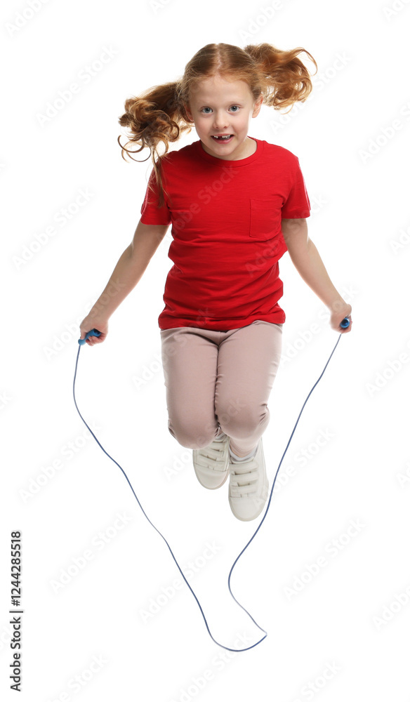 Cute little girl with skipping rope jumping on white background Cute little girl with skipping rope jumping on white background