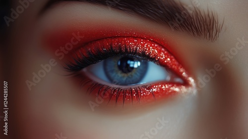 Bright red eye makeup highlights stunning blue eye with a sparkling finish