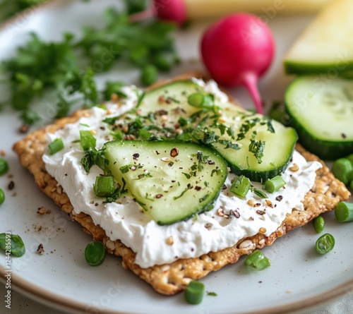 Fresh cucumber and herb topped crispbread served with radishes and lemon on a neutral background