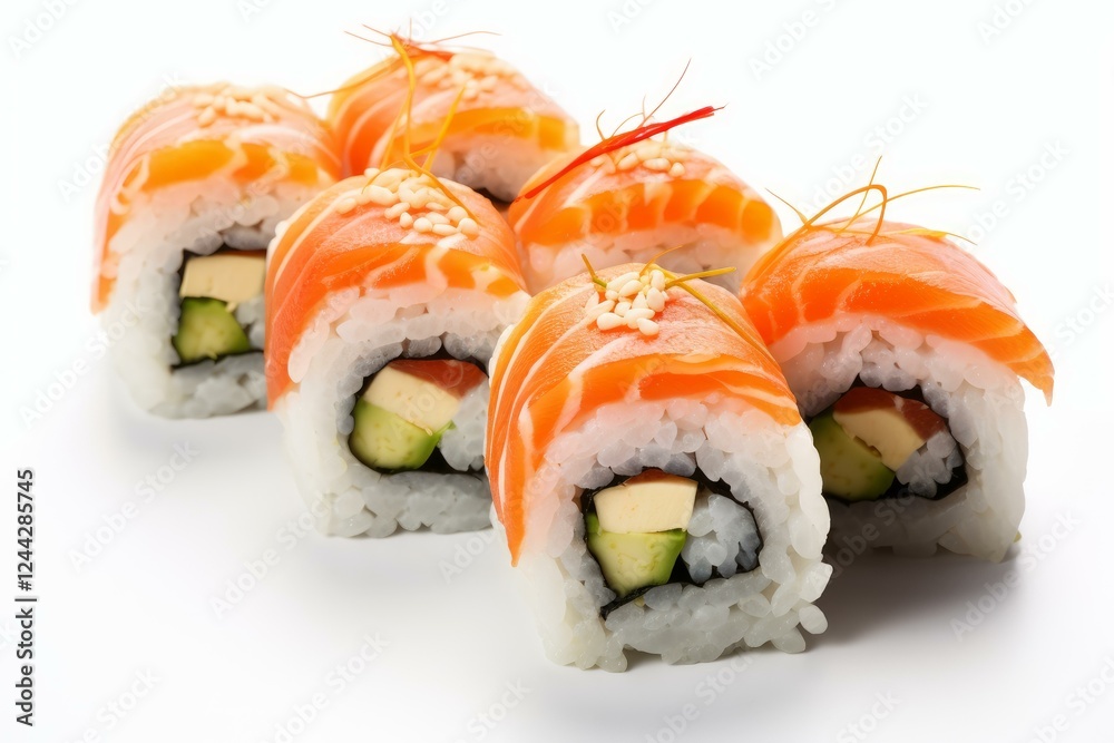 Delicious philadelphia uramaki sushi rolls garnished with sesame seeds and saffron threads, creating an enticing culinary scene Delicious philadelphia uramaki sushi rolls garnished with sesame seeds and saffron threads, creating an enticing culinary scene