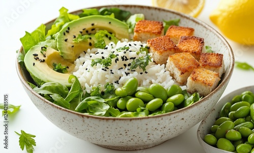 Healthy vegetarian bowl with rice, avocado, and greens served in a rustic bowl