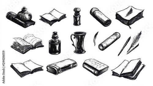 Manuscript and books with quill and ink. Education or knowledge black set of icons. Calligraphy of handwritten or typewritten history scrolls