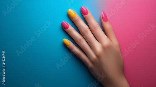 Colorful manicure showcasing vibrant pink and yellow nail polish on a hand ag...