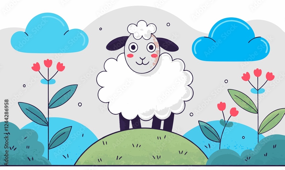 Obraz premium Colorful illustration of a cute lamb standing on a green hill surrounded by flowers and leaves