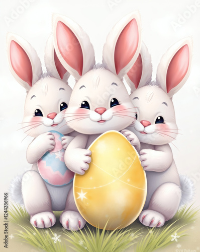 Three cheerful bunnies gather around colorful eggs in a spring meadow, celebrating the joy of Easter festivities