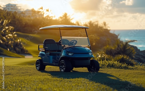 Golf cart parked on lush green lawn near ocean at sunset