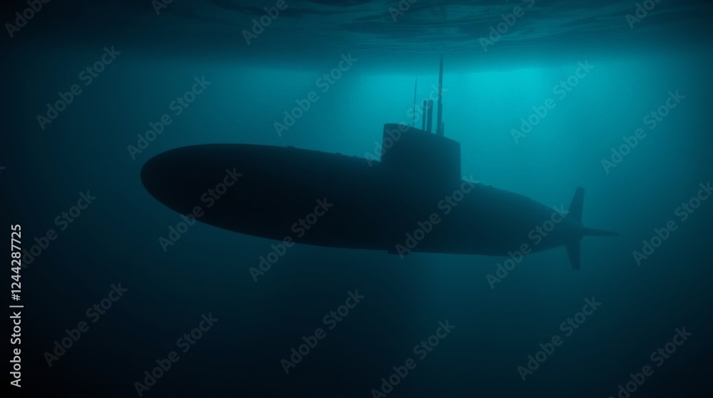 Submarine Underwater in a Blue Light