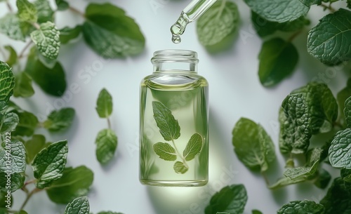 Fresh mint oil extraction process with green mint leaves surrounding a droppe...