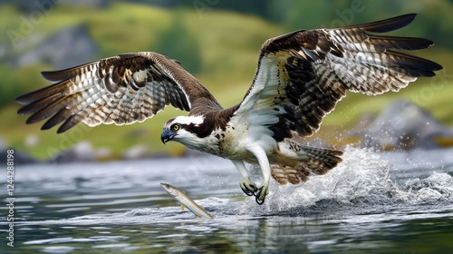 Majestic Osprey in Flight: Master of Fishing and Hunting Over a Serene Scottish Loch