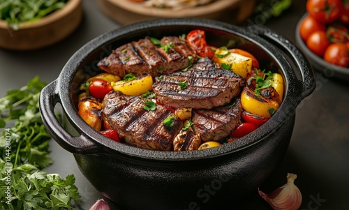 Sizzling grilled steaks with vegetables in a cast iron pot on a rustic table