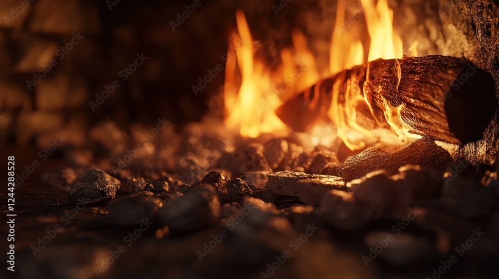 Warmth and Comfort: A Burning Log in a Cozy Fireplace