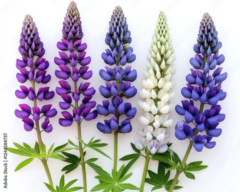 Vibrant Blooms of Lupinus - Isolated Spring Flower in Shades of Purple, Blue, and White Vibrant Blooms of Lupinus - Isolated Spring Flower in Shades of Purple, Blue, and White
